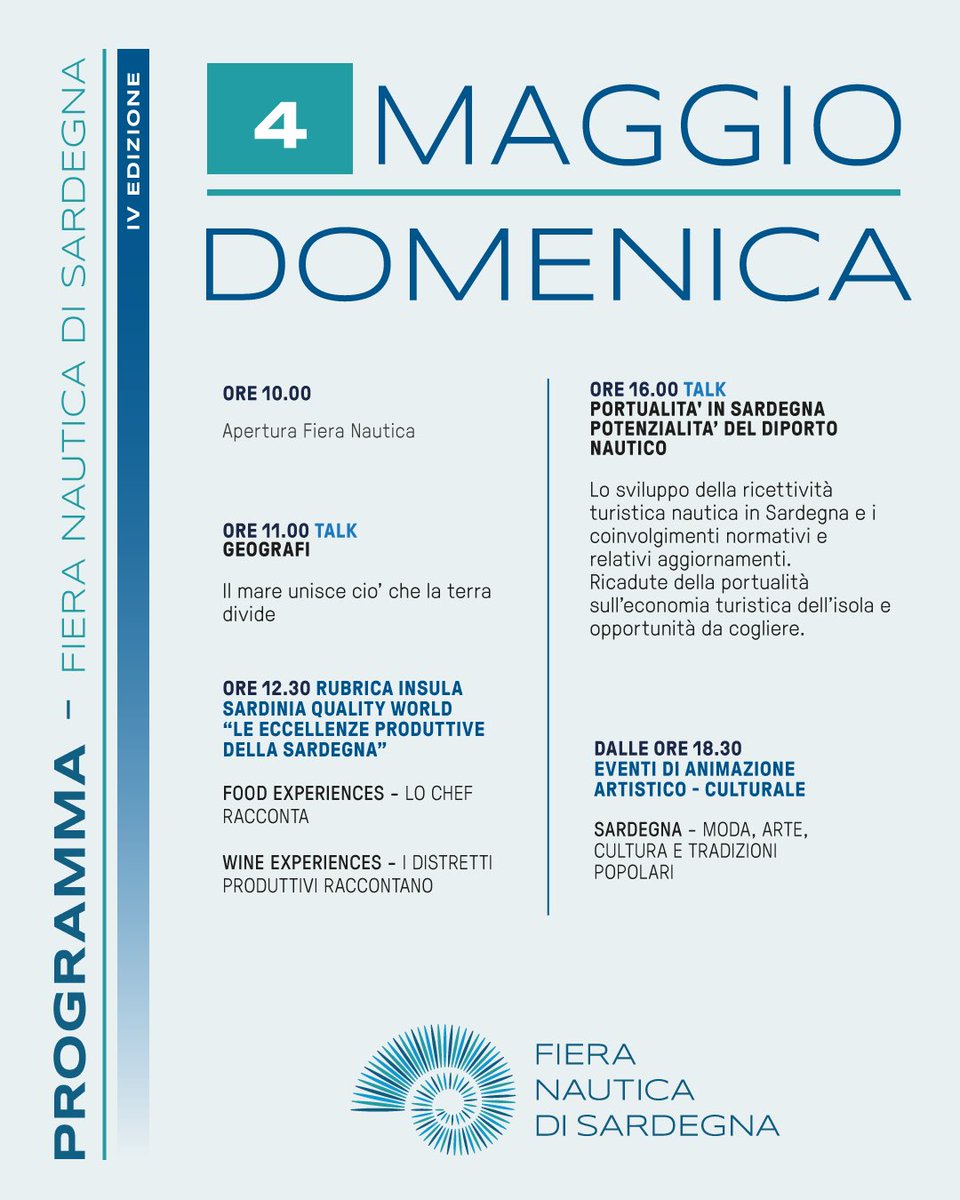 🗺️ Ecco il programma per prepararci a  salpare! ⛵️ 2/2

📌 Dal 30 aprile al 4 maggio 2025 torna a Porto Rotondo la IV edizione della Fiera Nautica di Sardegna.

🪢 Unisciti a noi per vivere l’economia del mare al centro del Mediterraneo! 🪢