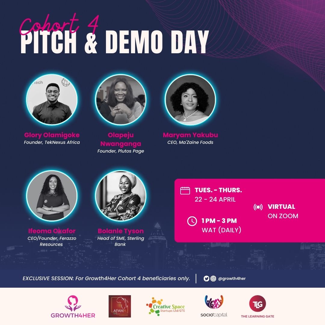 Growth4Her's tweet photo. This is proudly brought to you by: @AfDB_Group  @cspacestartups @ActivSpaces  @Sociocapitalafr The Learning Gate. 

#Growth4Her #Growth4HerAcceleratorProgram #G4Her #PitchSession https://t.co/VMYFI3FsHS