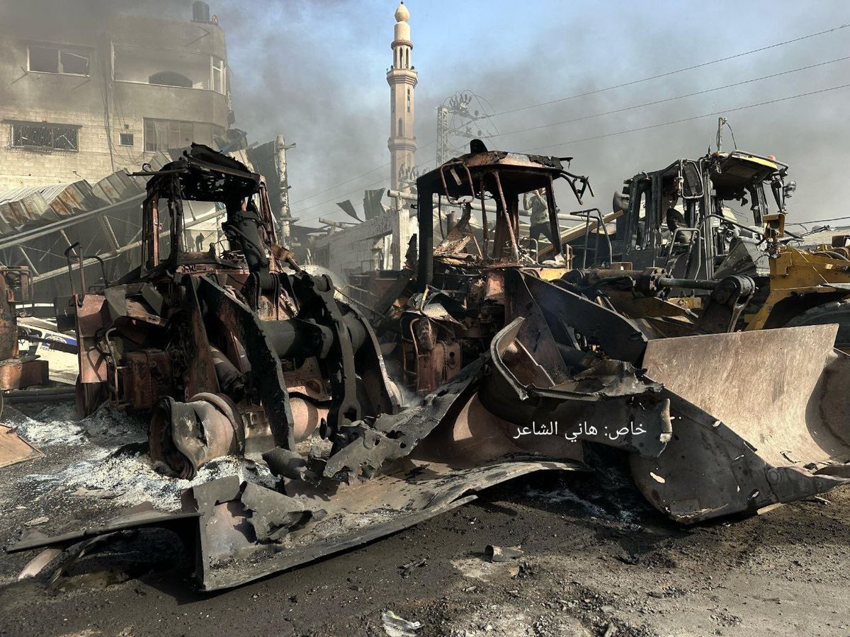 swilkinsonbc's tweet photo. The israelis destroy 10 bulldozers, one water lorry, 2 sewage vacuum &amp; waste collection trucks, a fuel tanker and a wastewater pressure truck https://t.co/oWszJpWVi9