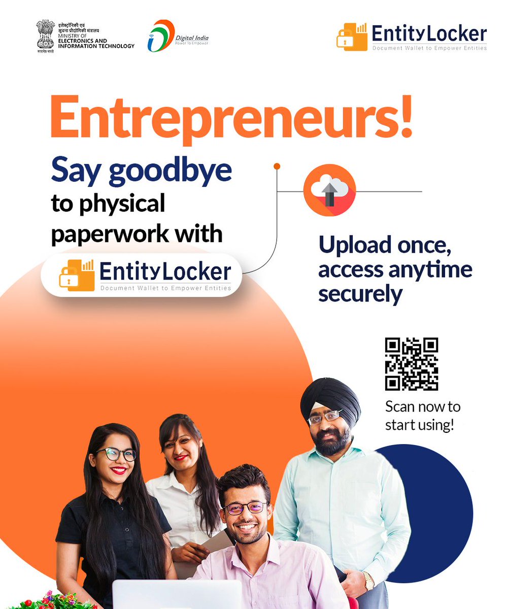 GoI_MeitY's tweet image. Business Docs, Sorted! 
With #EntityLocker, your organizations can store, sign, and share business documents digitally—quickly and securely. Click to start using it now: entity.digilocker.gov.in

#DigitalIndia @digilocker_ind @GoI_MeitY @NeGD_GoI
