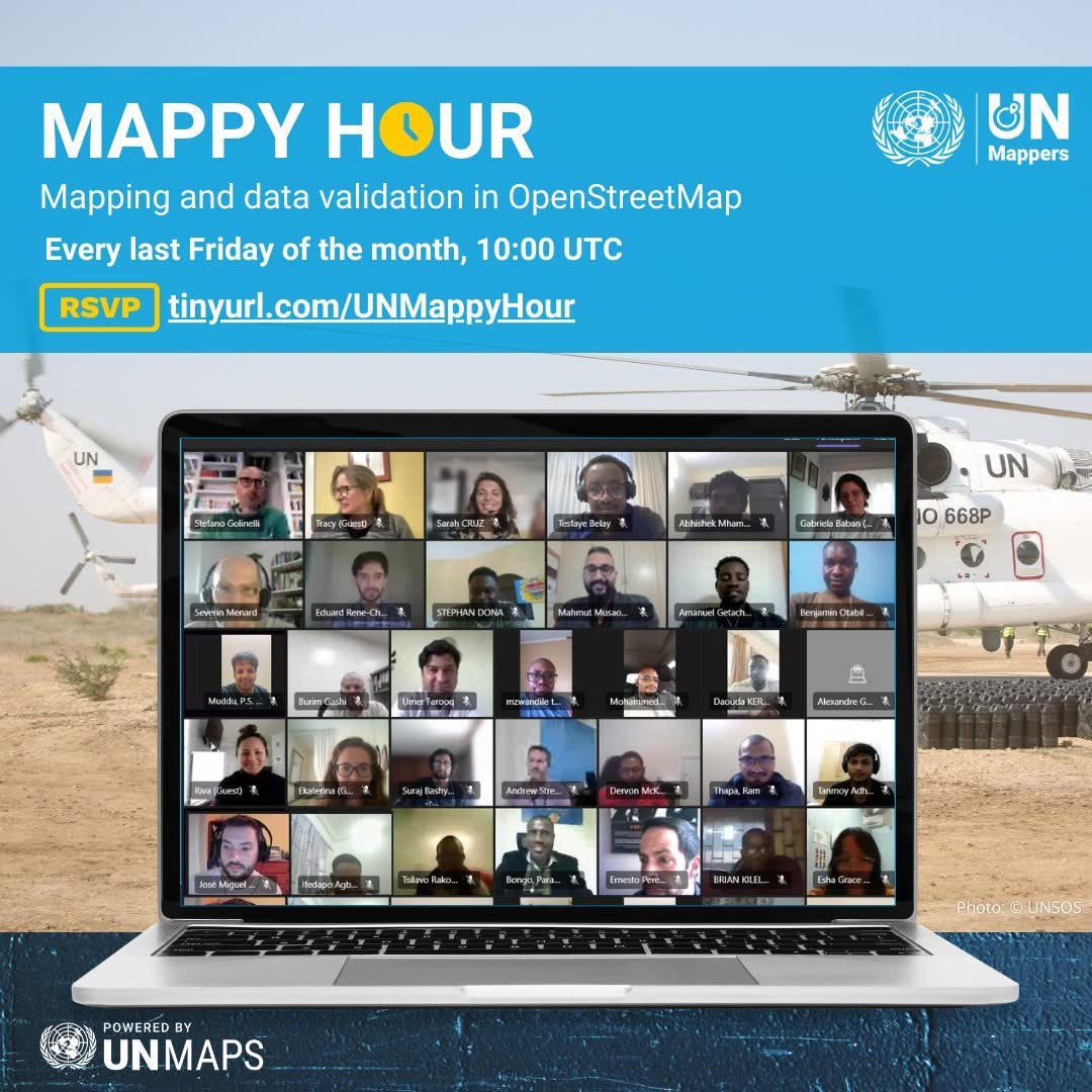 UN Mappers (@un_mappers) on Twitter photo Our April #UNMappers Mappy H๐ur is happening this Friday! ๐ฅณ
Register now and see you there! ๐๐  
tinyurl.com/UNMappyHour
#UNMaps #UNMappers #mappingforpeace #OpenStreetMap #opencommunity #opendata #crowdmapping #volunteering #openmapping #MappyHour #UNMappersMappyHour Our April #UNMappers Mappy H๐ur is happening this Friday! ๐ฅณ
Register now and see you there! ๐๐  
tinyurl.com/UNMappyHour
#UNMaps #UNMappers #mappingforpeace #OpenStreetMap #opencommunity #opendata #crowdmapping #volunteering #openmapping #MappyHour #UNMappersMappyHour