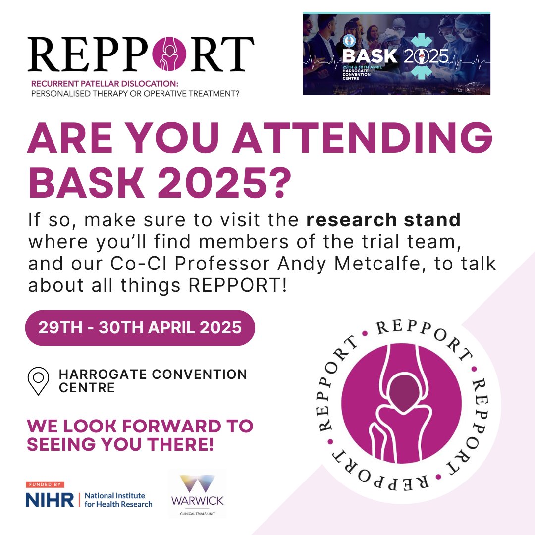REPPORT (@repporttrial) on Twitter photo 🗓️Just one week to go until BASK!
If you're attending, don't forget to visit the research stand to chat with the team and say hi!👋
<a href="/WarwickCTU/">Warwick CTU</a> <a href="/TobyOSmith/">Toby Smith</a> <a href="/AndyMetOrtho/">Andy Metcalfe</a> 🗓️Just one week to go until BASK!
If you're attending, don't forget to visit the research stand to chat with the team and say hi!👋
<a href="/WarwickCTU/">Warwick CTU</a> <a href="/TobyOSmith/">Toby Smith</a> <a href="/AndyMetOrtho/">Andy Metcalfe</a>