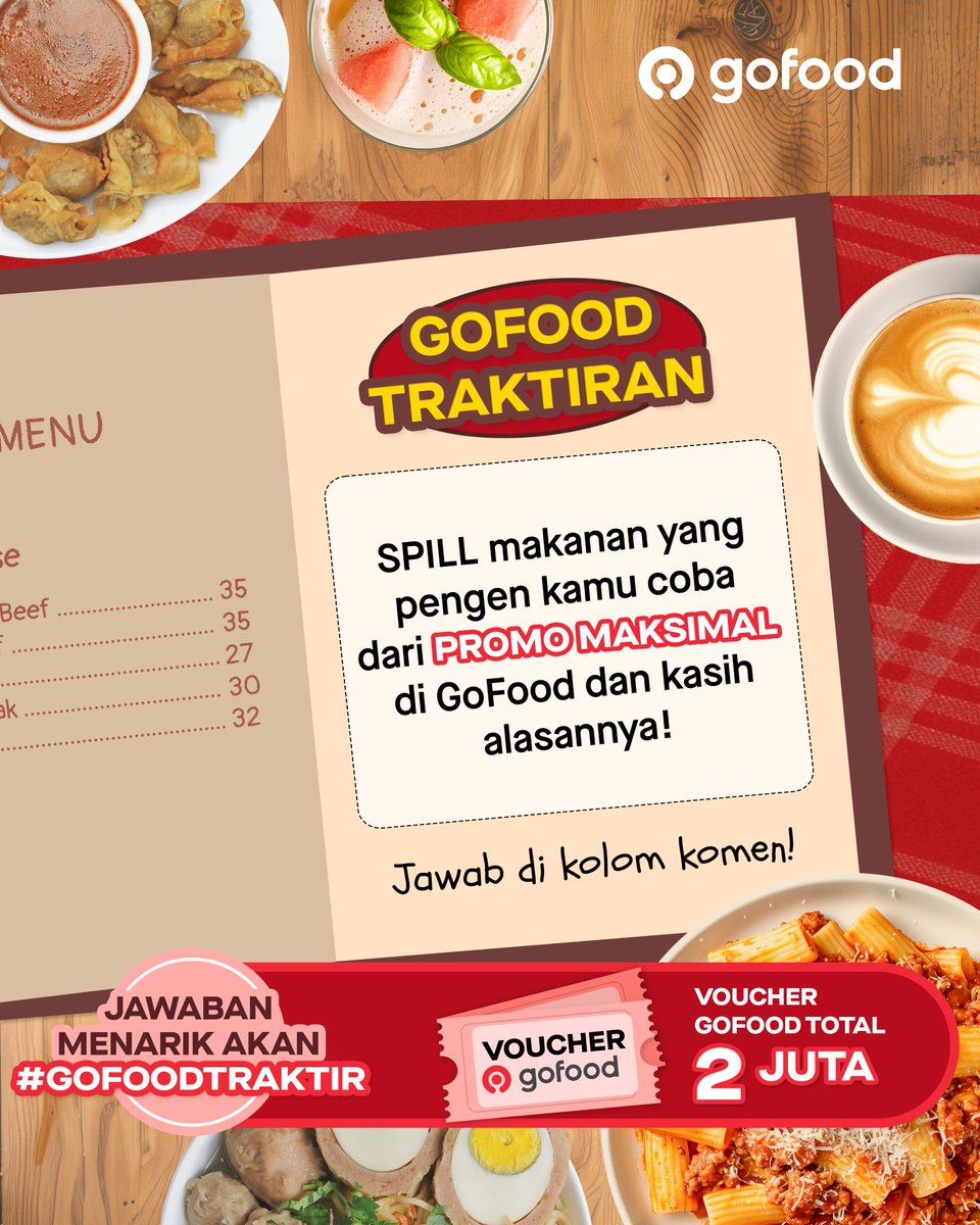 gofoodindonesia's tweet photo. βΌοΈ #GOFOODTRAKTIR βΌοΈ
Tulis di kolom komentar jawaban terbaik kamu, dan jawaban terbaik akan GoFood Traktir voucher senilai total 2juta untuk 10 orang pemenang π
Jawab pertanyaan di kolom komentar dengan hashtag #GoFoodTraktir #PromoMaksimal dan tag 3 temen kamu! https://t.co/YluDwATRNf