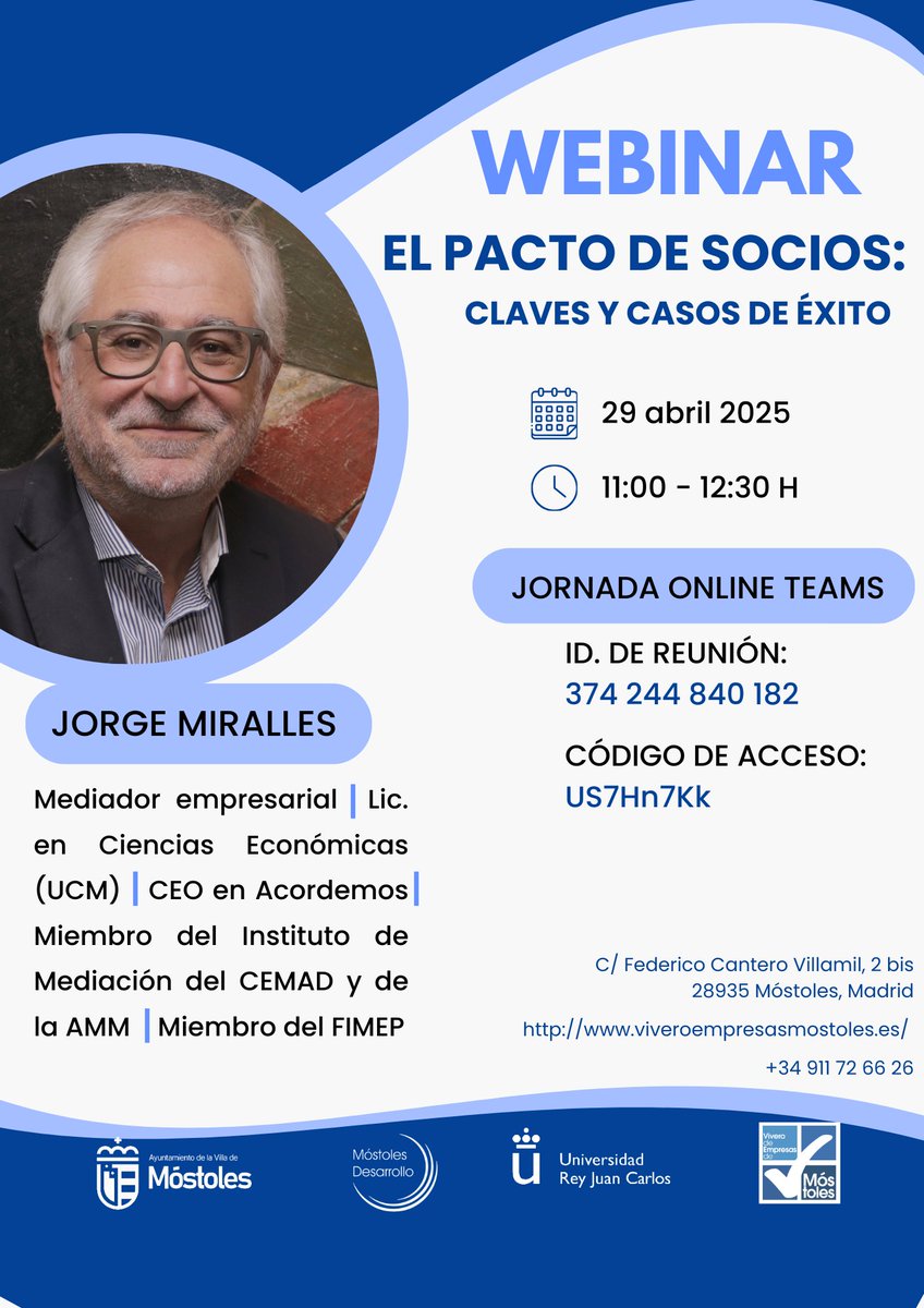 WEBINAR | El Pacto de Socios

📅 29/04 · 11:00-12:30h
📍 Online (sin inscripción)
🎙️ Jorge Miralles, experto en resolución de conflictos
💡 Claves para prevenir bloqueos y crecer con visión compartida
🔗 tinyurl.com/ak4sz2na

#startups #emprendimiento