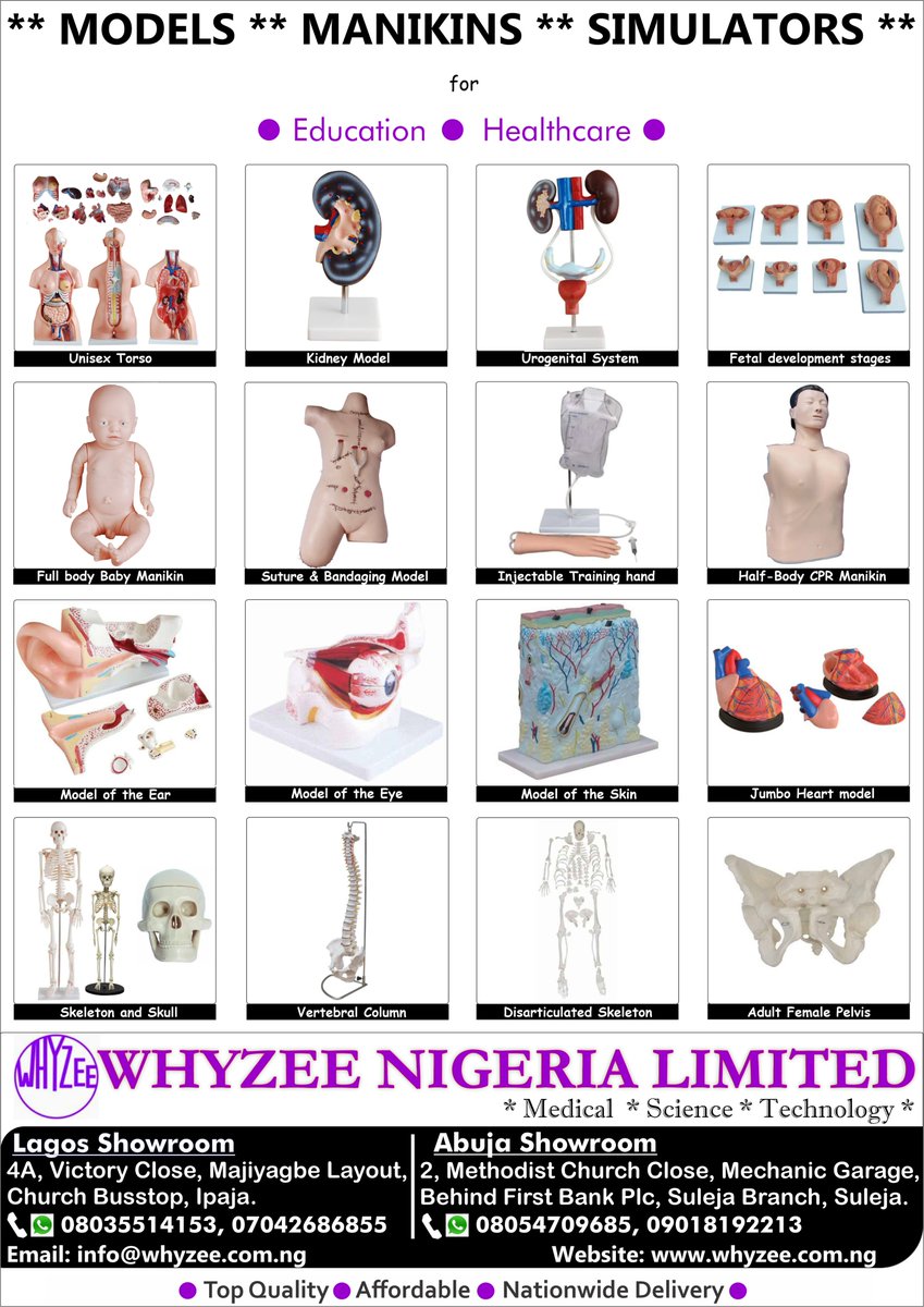 Whyzeenigeria's tweet image. Whyzee Nigeria: Your source for Medical Models, Manikins &amp;amp; Simulators! Enhance healthcare training with our top-quality products. Nationwide delivery! Contact: info@whyzee.com.ng, 08035514153, 07042686855. 
#MedicalModels #Manikins #WhyzeeNigeria