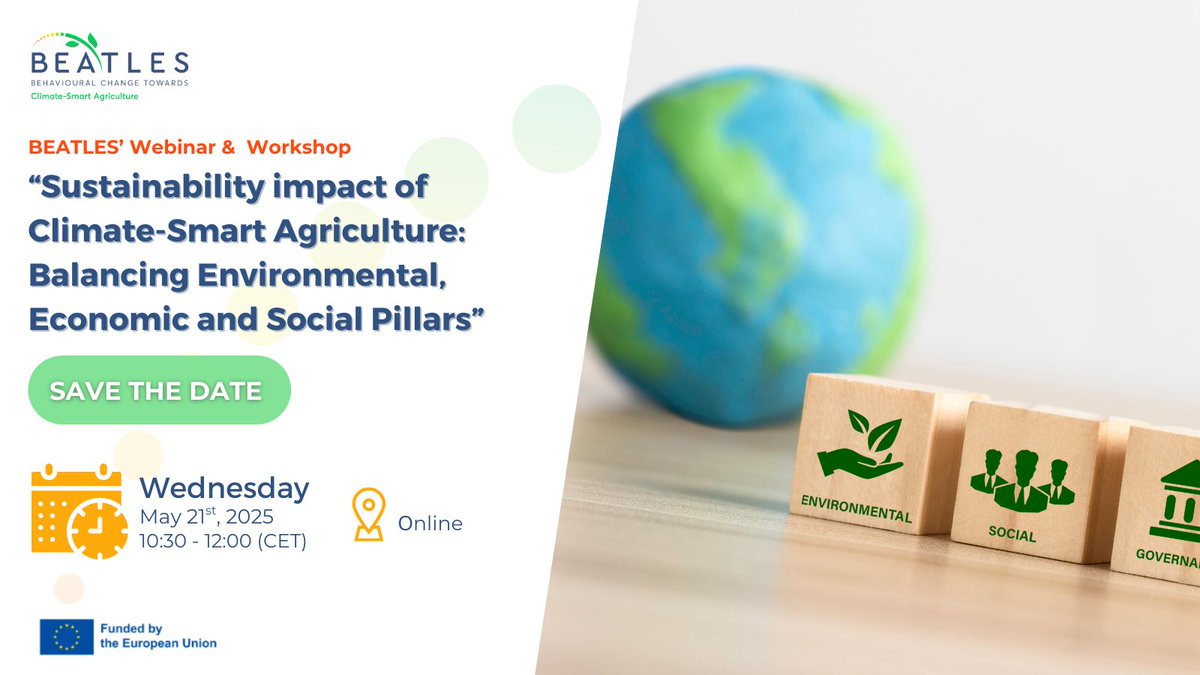 The BEATLES project EU invites you to our upcoming webinar and workshop titled: “Sustainability impact of Climate-Smart Agriculture: Balancing Environmental, Economic and Social Pillars”  🌱
🔗  Register: events.teams.microsoft.com/event/ae19ba1f…