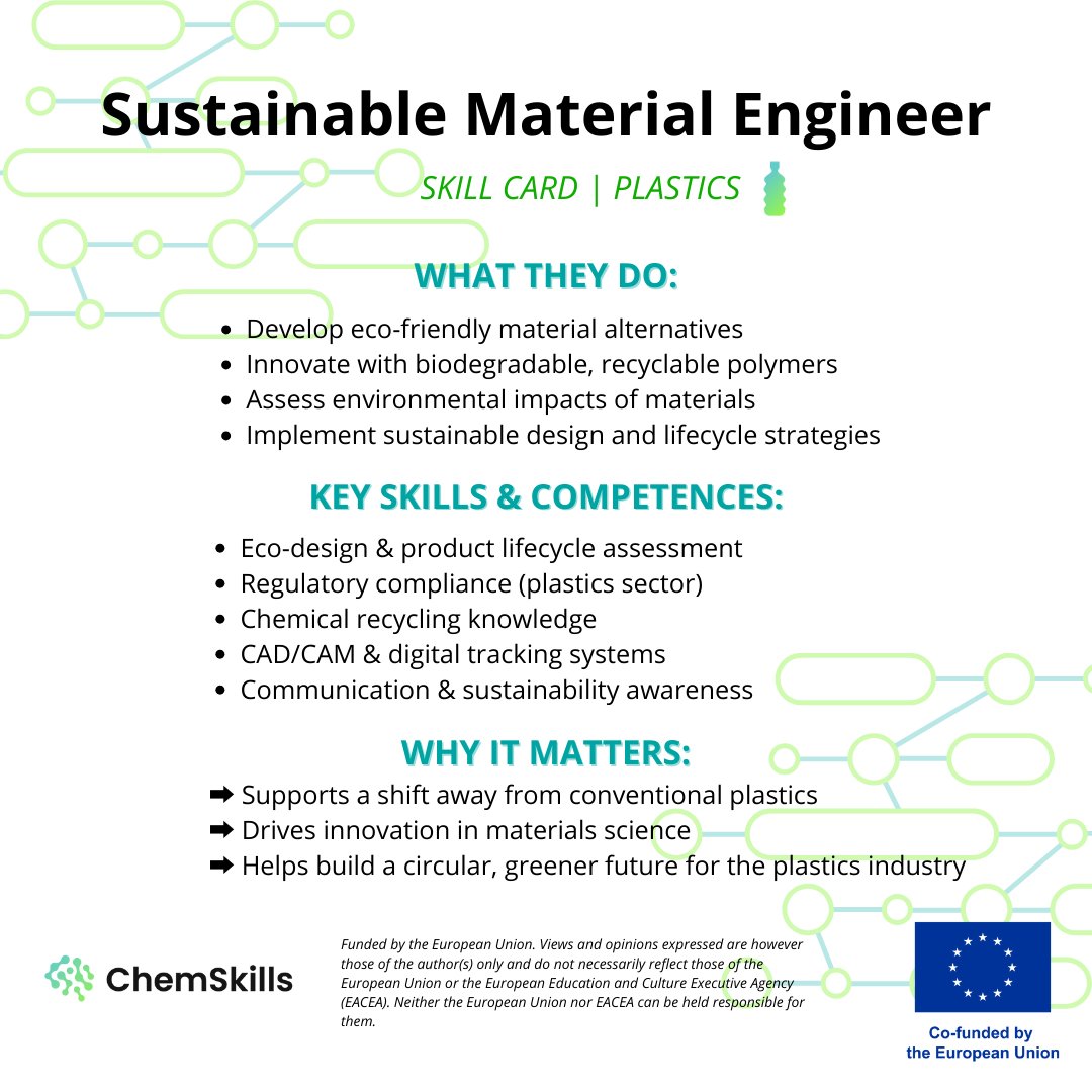 ♻️ Sustainable Material Engineers are creating tomorrow’s eco-friendly plastics 🌿
They research, design &amp; implement greener alternatives for a circular future.
#GreenSkills #SustainableMaterials #ErasmusPlus #ChemSkillsEU