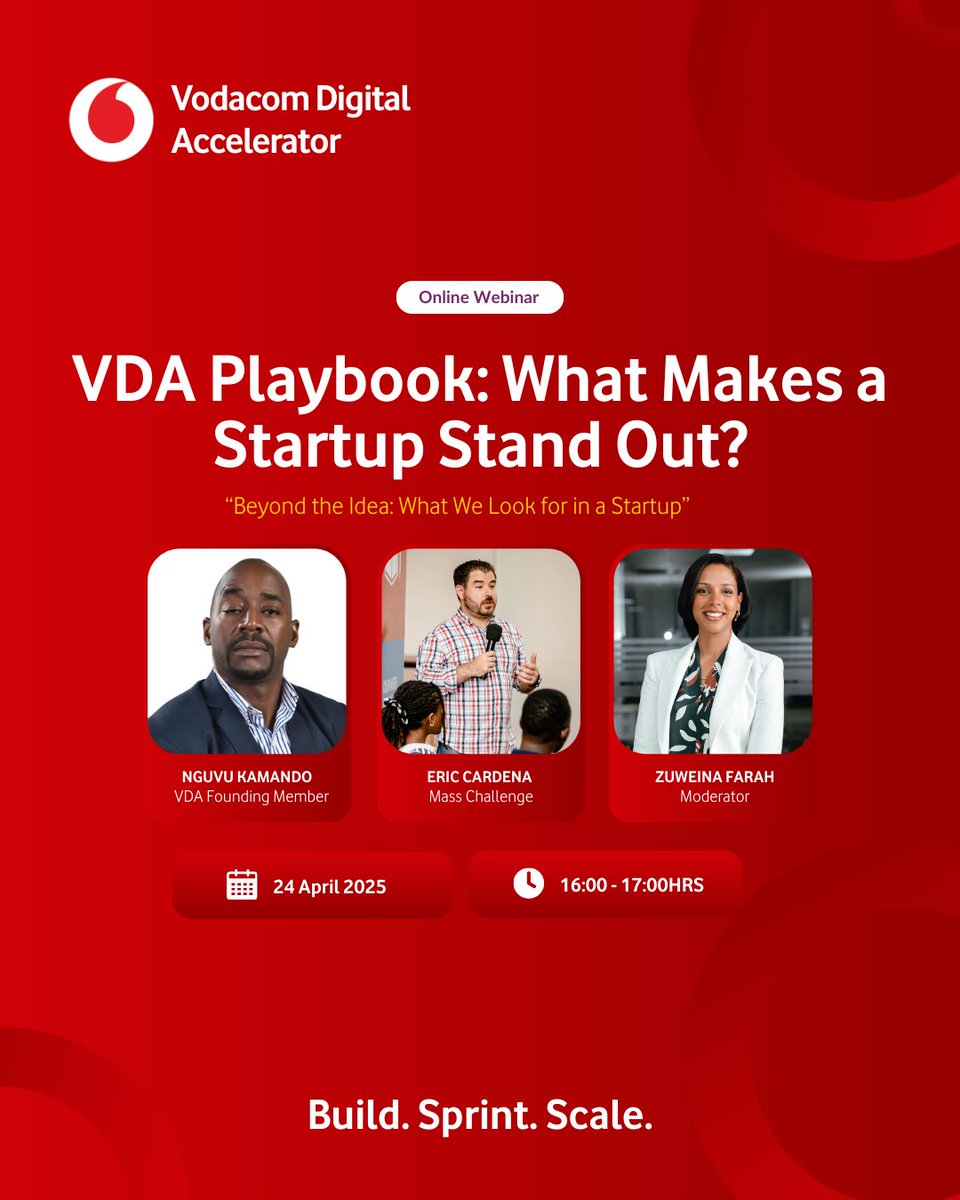 🚀 Founders &amp; Innovators, get the inside scoop on what VDA looks for in startups📈. Join our Season 4 Webinar with:
👤 <a href="/nkamando/">Nguvu Kamando</a>  VDA Founding Member
👤 Eric Cardena MassChallenge
🎤 Moderator: <a href="/Zuw508/">Zuweina Farah</a> 
👉 Register now: zoom.us/webinar/regist…
#VDAS4 #TanzaniaStartups