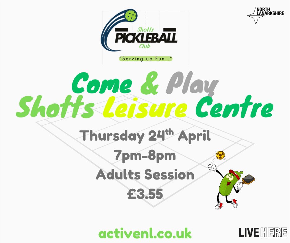 ActiveNL Sports Development (@activenlspdev) on Twitter photo People of Shotts…
We are bringing you a new Pickleball sessions starting this Thursday the 24th of April at 7pm 🤩
Come along and find out why Pickleball is the fastest growing sport in the world 🌍
For more information email MartinD@northlan.gov.uk People of Shotts…
We are bringing you a new Pickleball sessions starting this Thursday the 24th of April at 7pm 🤩
Come along and find out why Pickleball is the fastest growing sport in the world 🌍
For more information email MartinD@northlan.gov.uk