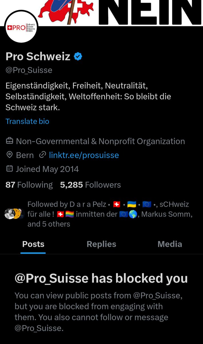 Saubere Demokratien die Damen und Herren bei <a href="/Pro_Suisse/">Pro Schweiz</a>.
Wohl, weil sie nur Parolen und Falschbehauptungen von sich geben und den politischen Diskurs fürchten. Armselige Demokraten die #Herrlberger-Knechte der <a href="/SVPch/">SVP Schweiz</a> und speziell der <a href="/wg3800ch/">Werner Gartenmann</a>!