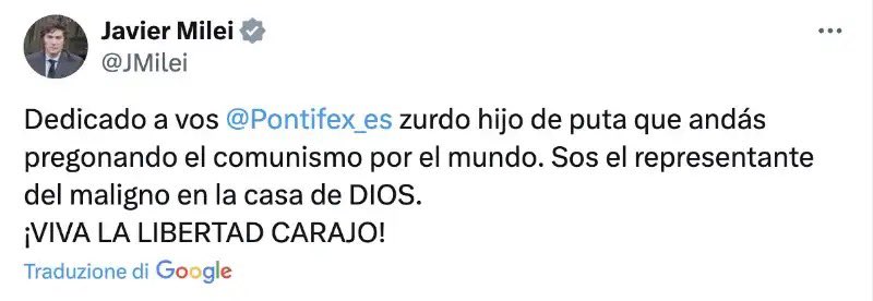 Ma ai #funerali del Santo Padre ci sarà pure l’imbecille con la motosega che lo definiva “asino,comunista, figlio di p…,rappresentante del Maligno sulla Terra”,promotore di politiche ecclesiastiche di m…? #Francesco #Milei