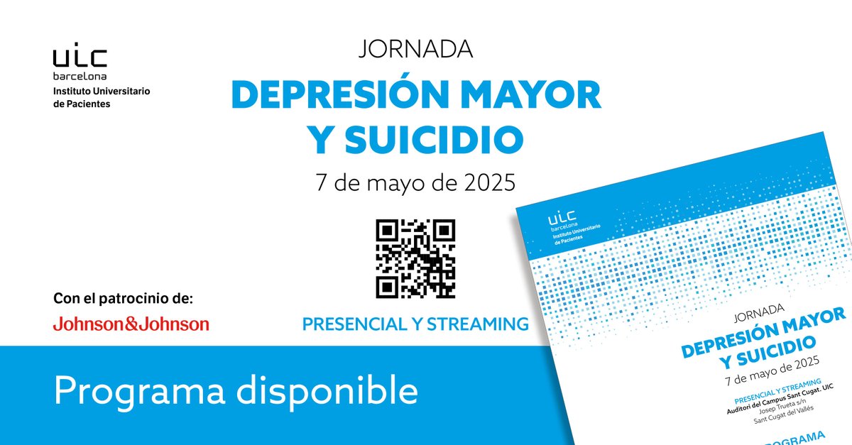 Jornada "Depresión Mayor y Suicidio”. Ya puedes consultar el programa shorturl.at/Mmq7R

📷 7 de mayo de 2025

📷 16.30h

📷Auditori del Campus Sant Cugat de la UIC. Josep Trueta s/n

📷 Presencial y streaming