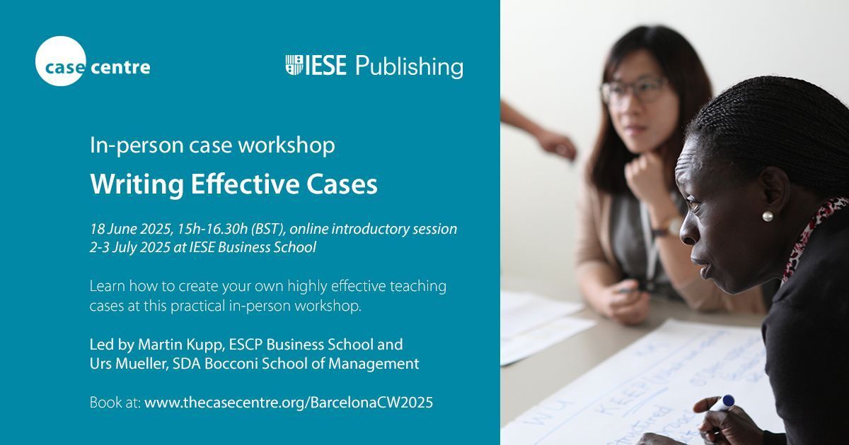 The Case Centre (@thecasecentre) on Twitter photo Are you new to case writing or keen to sharpen your case writing skills?
Our in-person workshop at <a href="/iesebschool/">IESE Business School</a> in July 2025 will give you the knowledge and confidence you need to create your own highly effective teaching cases.
👉 buff.ly/2C4WwPb
#caseworkshop Are you new to case writing or keen to sharpen your case writing skills?
Our in-person workshop at <a href="/iesebschool/">IESE Business School</a> in July 2025 will give you the knowledge and confidence you need to create your own highly effective teaching cases.
👉 buff.ly/2C4WwPb
#caseworkshop
