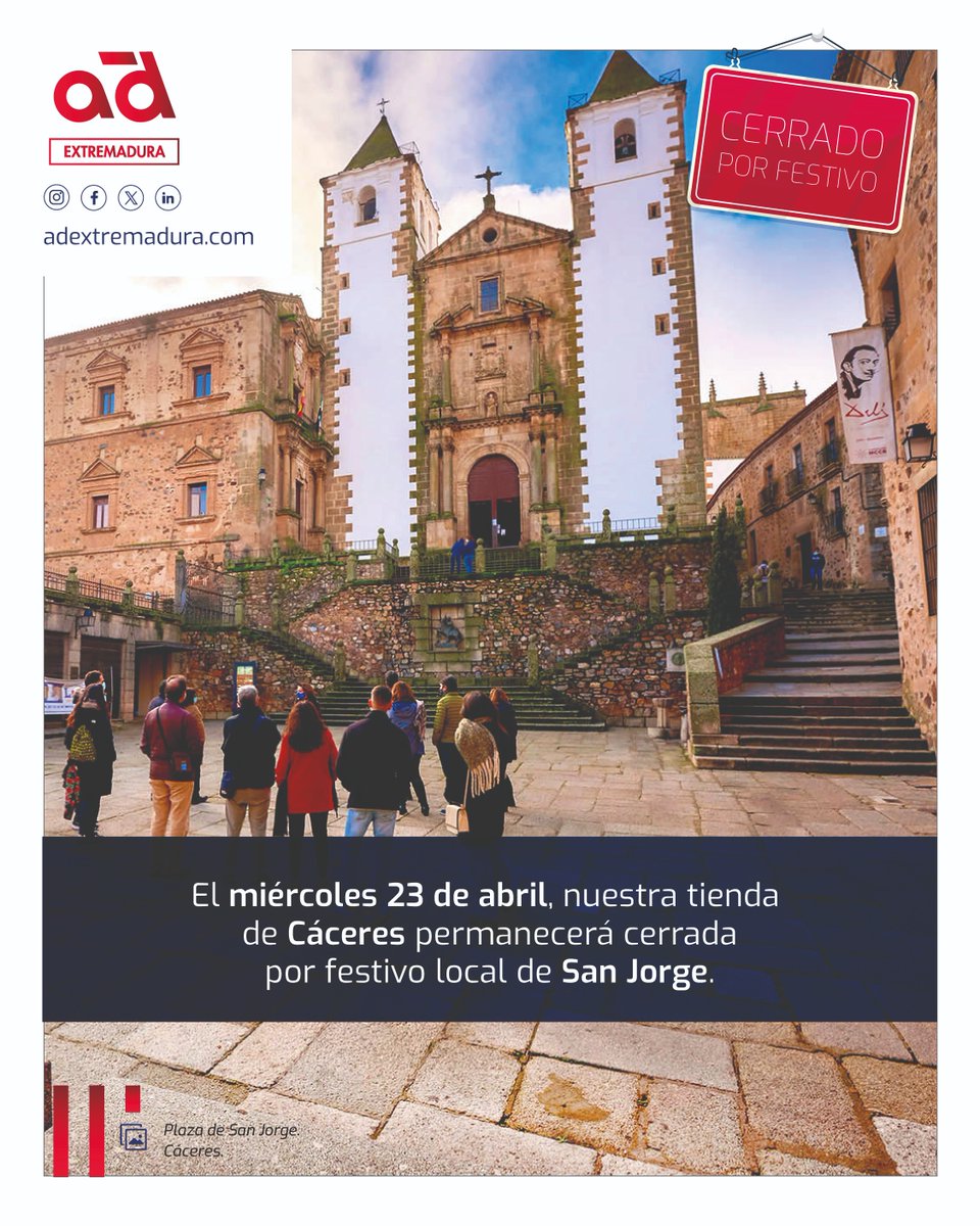 AD Extremadura (@ad_extremadura) on Twitter photo Te informamos que nuestra tienda en ๐๐ฎฬ๐ฐ๐ฒ๐ฟ๐ฒ๐ estarรก ๐ฐ๐ฒ๐ฟ๐ฟ๐ฎ๐ฑ๐ฎ maรฑana, ๐บ๐ถ๐ฒฬ๐ฟ๐ฐ๐ผ๐น๐ฒ๐ ๐ฎ๐ฏ ๐ฑ๐ฒ ๐ฎ๐ฏ๐ฟ๐ถ๐น, por el festivo local de ๐ฆ๐ฎ๐ป ๐๐ผ๐ฟ๐ด๐ฒ. โ๏ธ๐โฃ
โฃ
ยกDisfruta de la festividad y nos vemos pronto! ๐ Te informamos que nuestra tienda en ๐๐ฎฬ๐ฐ๐ฒ๐ฟ๐ฒ๐ estarรก ๐ฐ๐ฒ๐ฟ๐ฟ๐ฎ๐ฑ๐ฎ maรฑana, ๐บ๐ถ๐ฒฬ๐ฟ๐ฐ๐ผ๐น๐ฒ๐ ๐ฎ๐ฏ ๐ฑ๐ฒ ๐ฎ๐ฏ๐ฟ๐ถ๐น, por el festivo local de ๐ฆ๐ฎ๐ป ๐๐ผ๐ฟ๐ด๐ฒ. โ๏ธ๐โฃ
โฃ
ยกDisfruta de la festividad y nos vemos pronto! ๐