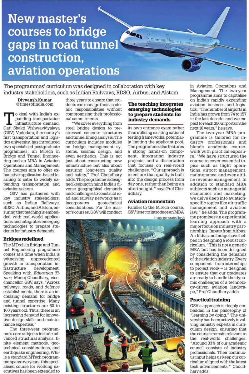 New masters courses to bridge gaps in road tunnel construction, aviation operations

Read my entire story here | educationtimes.com/article/campus…
#GatiShaktiVishwavidyalaya #GSV #GatiShakti #Gujarat #airbus #Alstom #IndianRailways #Transport #Aviation #Railway #Education #logistics