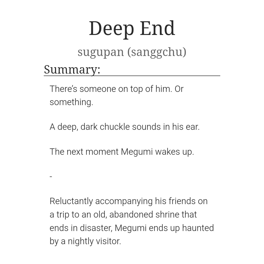 sanggchu's tweet photo. Deep End
❥ #sukufushi, #宿伏 
❥ hauntings, supernatural elements, dead dove
15k, written for #skfsweek2025

https://t.co/hNe51jMvW2 https://t.co/2YVnWGRM74