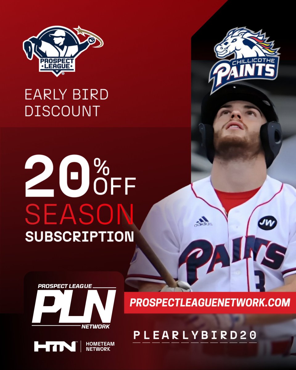 Chillicothe Paints๐๐๐๐ (@chillipaints) on Twitter photo The newly-announced Prospect League Network, powered by <a href="/watchhometeam/">HomeTeam Network</a> is the exclusive video streaming home for all 18 of the league's teams.
Head over to ProspectLeagueNetwork.com and use the code "PLEARLYBIRD20" before Opening Day for 20% OFF.
#RollPaints #BaseballIsBetter The newly-announced Prospect League Network, powered by <a href="/watchhometeam/">HomeTeam Network</a> is the exclusive video streaming home for all 18 of the league's teams.
Head over to ProspectLeagueNetwork.com and use the code "PLEARLYBIRD20" before Opening Day for 20% OFF.
#RollPaints #BaseballIsBetter