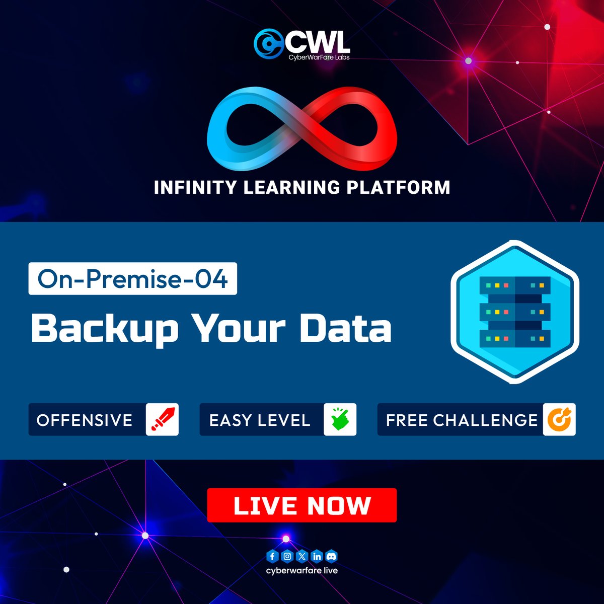 cyberwarfarelab's tweet image. 💥 New Challenge Alert! "On-Premise-04: Backup Your Data" is LIVE on the Infinity Learning Platform. 💾 Test your skills in this offensive, easy-level challenge.
🎯 Try it: cyberwarfare.live/infinity-learn…
#CyberSecurity #CTFChallenge #InfinityLearning #CWL #CyberWarFareLabs #LiveNow