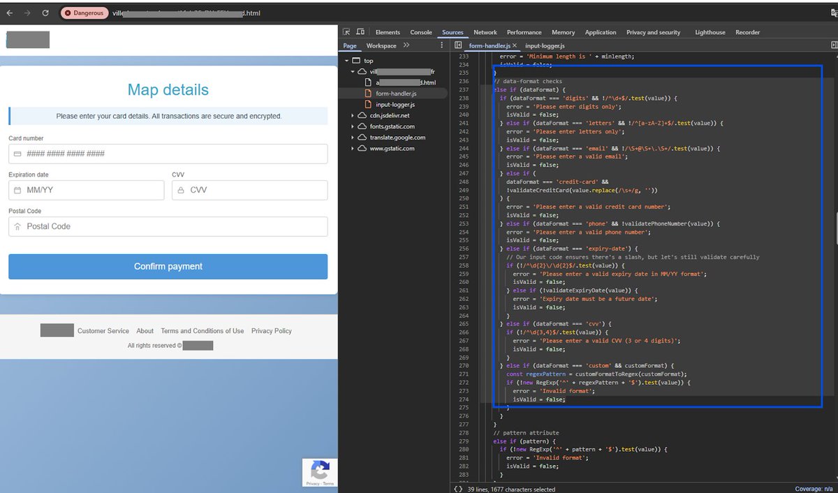 GroupIB's tweet photo. This precision complicates analysis and extends the scam’s lifespan. Real-time input validation is powered by #CleaveJS, ensuring stolen data (card numbers, CVVs) is formatted correctly. Scammers exploit this library to mimic legitimate payment flows, boosting credibility. https://t.co/GlwyQpIM9O