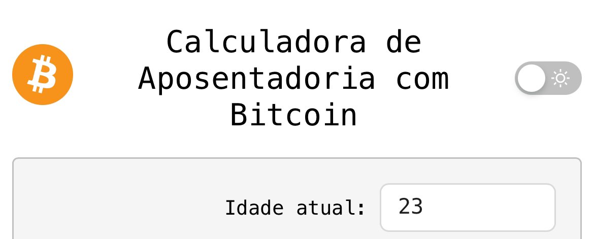 eduardalobatoo's tweet photo. existe um site que você pode calcular com quantos anos vai se aposentar com bitcoin 

ele diz a idade que você vai se aposentar de acordo com seus aportes e fala quanto você terá anualmente e mensalmente disponível por mês https://t.co/s5Y86kmv2a