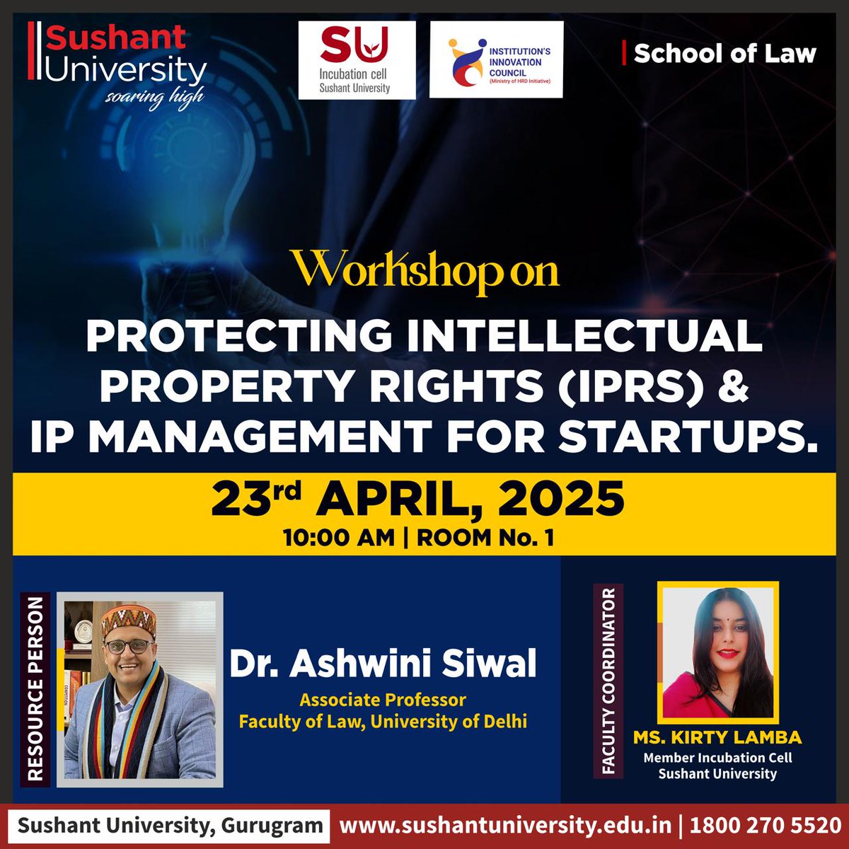 SushantUni's tweet image. Startup Founders, Protect Your Ideas! 💡 Join our Law workshop tomorrow (Apr 23, 10 AM, Room 1) on Intellectual Property Rights &amp;amp; Management with Dr. Ashwini Siwal (Delhi University). #IPforStartups #LegalTech #SushantUniversity