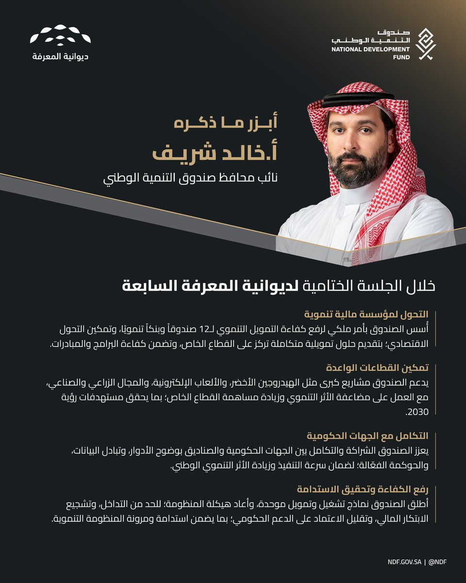 NDF's tweet image. استعرض نائب محافظ صندوق التنمية الوطني في #ديوانية_المعرفة جهود الصندوق في دعم النمو الاقتصادي وتحفيز القطاعات الواعدة عبر التمويل التنموي بما يتوافق مع مستهدفات رؤية السعودية 2030