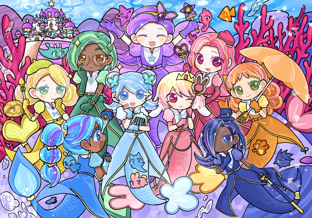 友画的oc与主角团全家福，祝第二季开播顺利～
#Rainbowbubblegem 
#RainbowBubbleGemoc 
#我的同学是美人鱼 
#我的同学是美人鱼oc 
#레인보우버블젬