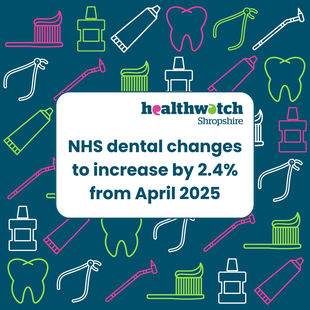 HWShropshire's tweet image. 📣 Did you know about the changes to NHS dental fees?

Prices were increased by 2.4% on April 1st 2025 📈

💭Do you have a recent NHS dental experience that you would like to share?

#haveyoursay #shareyourviews #letusknow #tellus #healthwatchshropshire