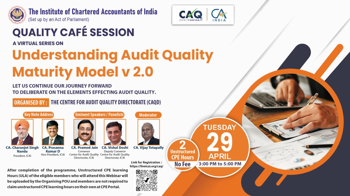 Register for 23rd Quality Café Session on "Understanding Audit Quality Maturity Model " on 29th April 2025 from 3:00PM to 5:00PM at live.icai.org/caq/

<a href="/CAPramodLunawat/">CA. Pramod Jain</a> <a href="/cavishaldoshi/">Vishal Doshi</a> 

#auditquality #audit #auditfirms #ca #cafirms #auditing #auditor
