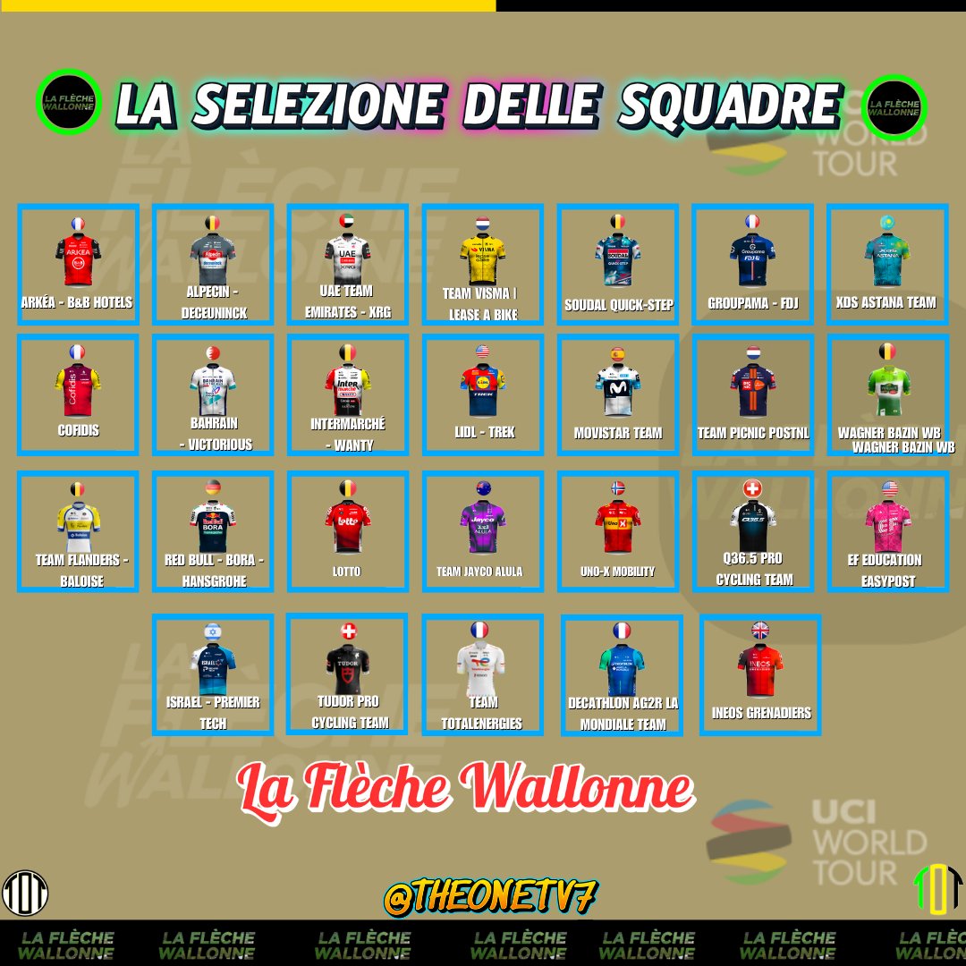 TheOnetv7's tweet image. 🇧🇪🏹🇧🇪FV 25 

Le squadre che partecipano LA FLECHE WALLONNE

#flandersclassics 
#FlecheWallonne 
#frecciavallone #cycling #cyclisme #theonetv7 #CICLISMO #startlist #procucling #uci #uciworldtour25 

👉Seguteci su @theonetv7