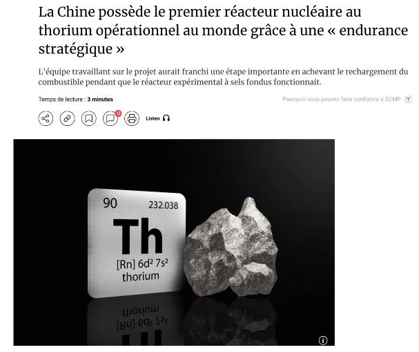 La Chine vient de lancer le 1er réacteur nucléaire fonctionnant au Thorium.
La France qui rappelons-le, cherche désespérément 40 Mds €, continue de verser plusieurs millions par an à la Chine au titre de "l'aide au développement".
On est dirigés par une bande de gros connards...