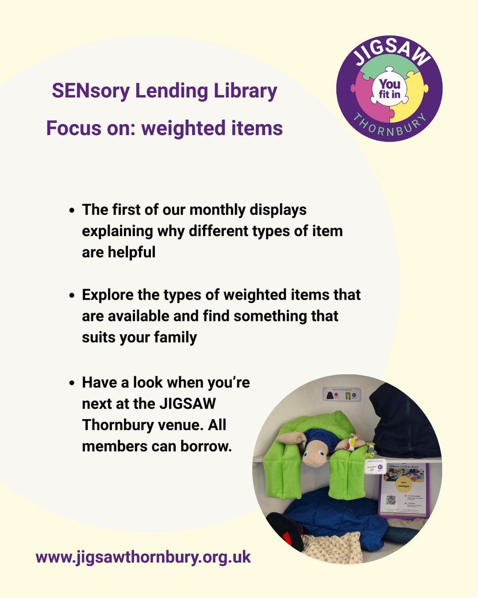 Our regular group services restart from today Tue 22nd April, except our Youth Clubs which are back next week.

Take a look at our new SENsory Lending Library display when you next visit us!  This month we have a focus on weighted items from the library.  We hope to see you soon!