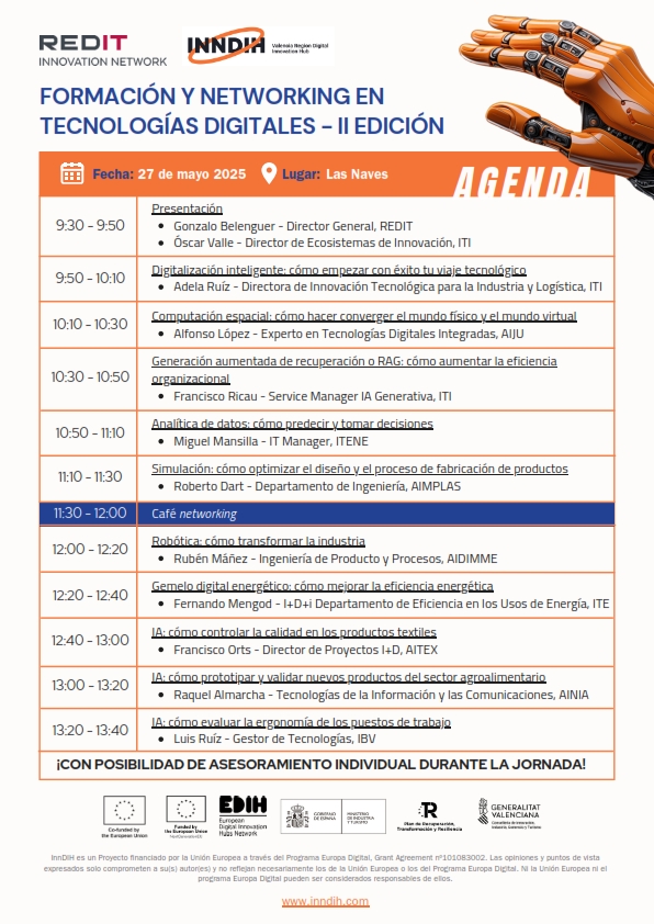 Redit_es's tweet image. ¿Eres una pyme y quieres conocer las tecnologías digitales? ¿Qué cuestan? ¡Ven a la II edición de la sesión de formación y networking de nuestros institutos tecnológicos! 🔶 + info e inscripción: redit.es/encuesta/forma… ¡Con asesoramiento individual! #InnDIH @INNDIHVlcRegion