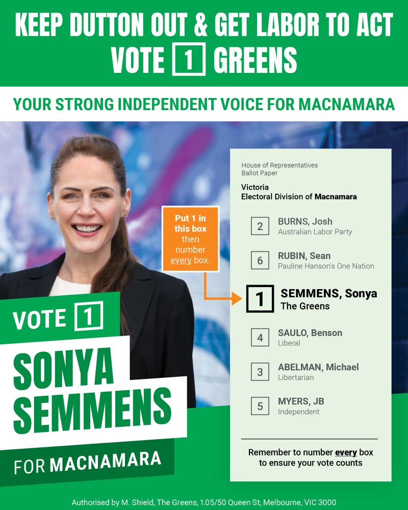 BlakGreenRed's tweet image. #SonyaSemmens (@SonyaSemmens):  

Here is our #HowToVote card!

If you Vote 1 #Greens and 2 #Labor, you’ll keep out #Dutton and get Labor to act.

So long as you put #ALP above #Liberals, your vote will never strengthen #PeterDutton.

We guarantee we won’t help Dutton form
