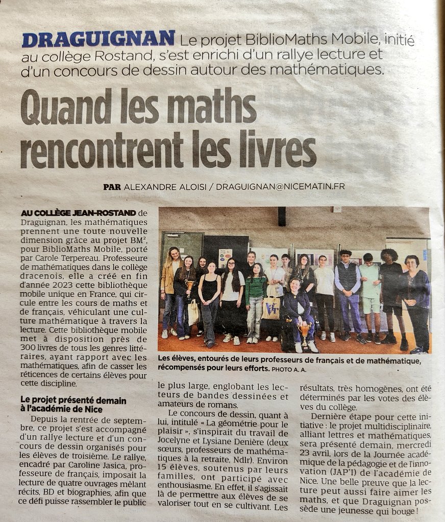 COLLEGE JEAN ROSTAND DRAGUIGNAN (@clgjrdraguignan) on Twitter photo Dans Var Matin aujourd'hui, article  sur la BM² BiblioMaths Mobile, projet mené dans notre établissement 🙂
#bibliomathsmobile #innovation #JAPI2025 #lecture #maths Dans Var Matin aujourd'hui, article  sur la BM² BiblioMaths Mobile, projet mené dans notre établissement 🙂
#bibliomathsmobile #innovation #JAPI2025 #lecture #maths