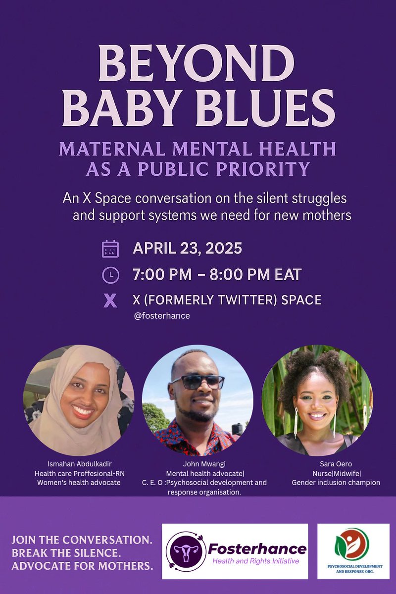 Fosterhance Health and Rights Initiative (@fosterhance) on Twitter photo x.com/i/spaces/1lDxL…
Maternal mental health is an overlooked crisis, silently breaking women . Join us tomorrow at 7PM EAT as we confront the reality of postpartum blues, depression & prioritizing maternal mental health
<a href="/wainsmwangi/">John Mwangi</a>
#MothersDeserveMore x.com/i/spaces/1lDxL…
Maternal mental health is an overlooked crisis, silently breaking women . Join us tomorrow at 7PM EAT as we confront the reality of postpartum blues, depression & prioritizing maternal mental health
<a href="/wainsmwangi/">John Mwangi</a>
#MothersDeserveMore