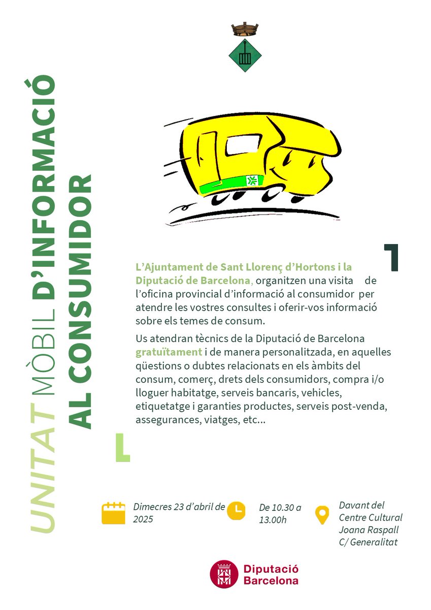 Demà 23 d'abril rebrem l'unitat mòbil d'informació al consumidor de 10:30 h a 13:00 h davant del Centre Cultural Joana Raspall. Us hi esperem!