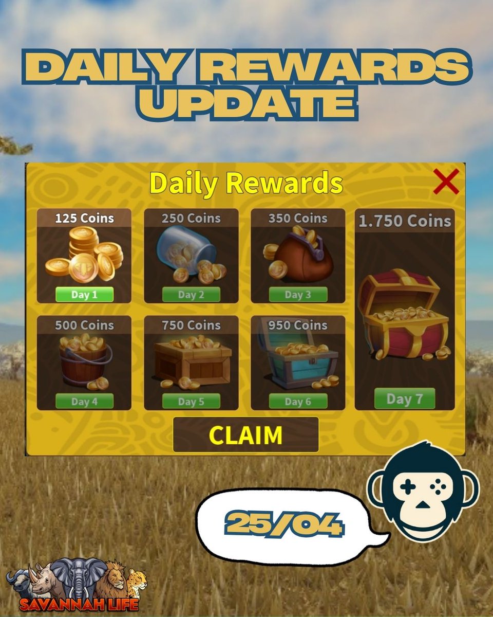 NOYO_Production's tweet image. 💰 Daily Rewards Update is Coming! 🎉
You asked — we listened! 🙌
Starting Friday, April 25, players will receive around 5x more coins than before just for logging in daily.🎁
This is our way of thanking the amazing NOYO community.
#SavannahLife #NOYOProductions #DailyRewards