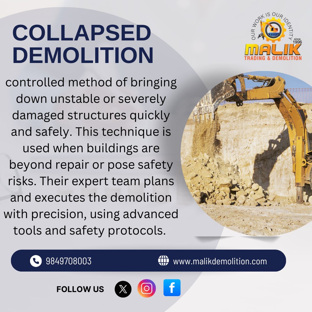 MalikDemoli96's tweet image. Collapsed demolition involves the intentional or unintentional breakdown of a structure, where parts or the entire building collapse during the demolition process#CollapsedDemolition
#DemolitionSafety
#ControlledCollapse
#StructuralDemolition