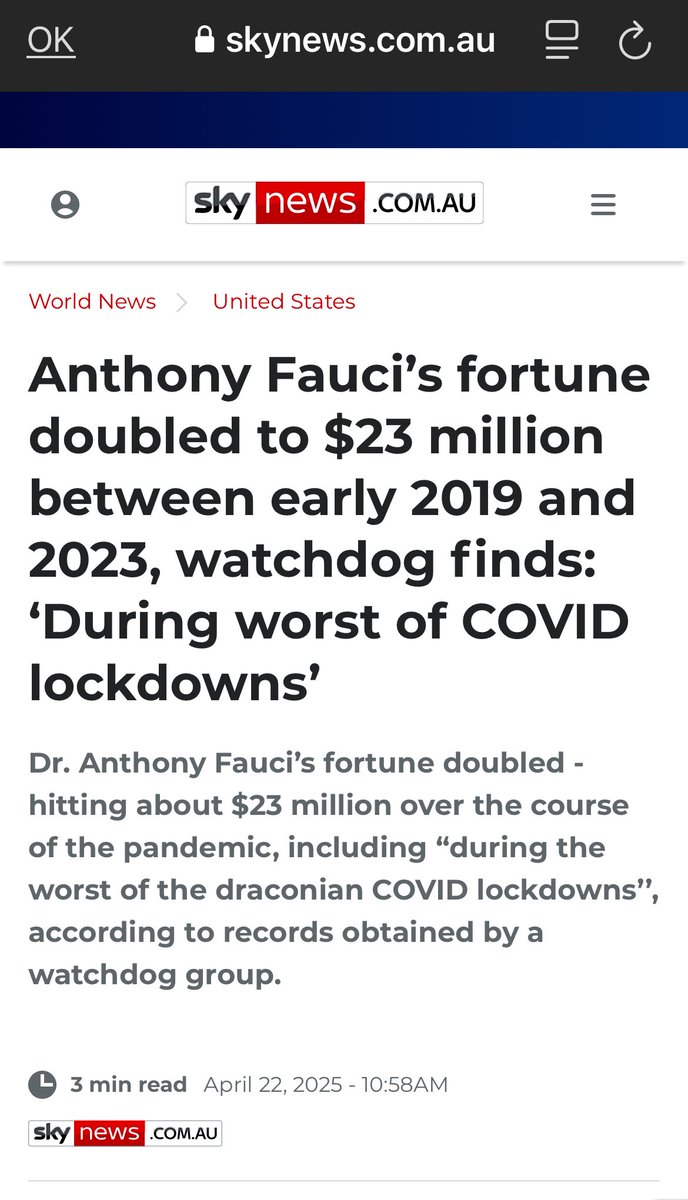 Fauci a vu sa fortune doubler pendant la crise Covid et a reçu de nombreux virements à 6 chiffres: source Skynews.
✅Cette immense corruption va être balayée aux 🇺🇸, c’est pour ça que Trump est craint et détesté.

nypost.com/2025/04/21/us-…