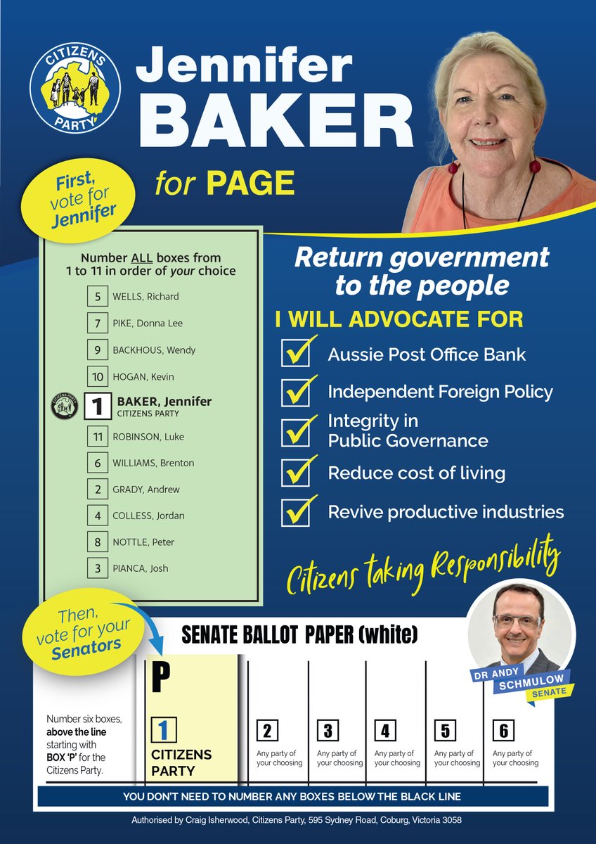 CitizensPartyAU's tweet photo. Vote 1 Jennifer Baker for Page #auspol #ausvotes #Vote1CitizensParty https://t.co/7dL0JhoJ69