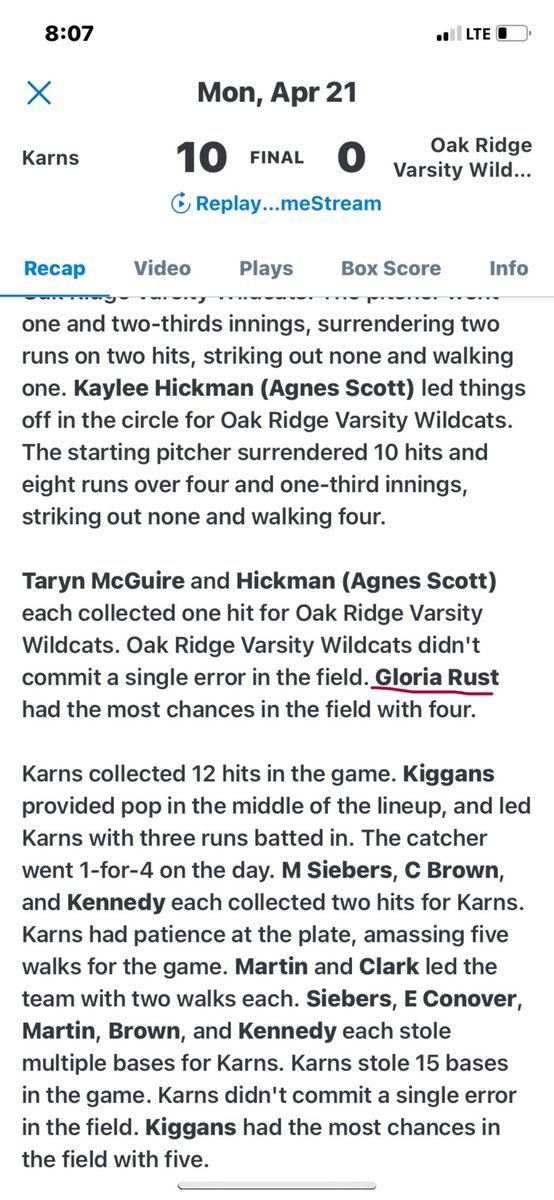 We lost to Karns last night 0-10 but I had 4 outs in the outfield and at the plate I got hit by pitch. No jv game due to rain. We play west tonight at 6 at west