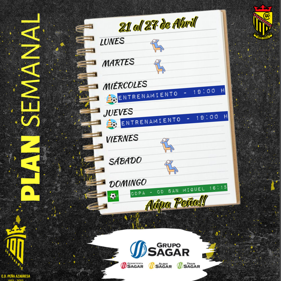 #PLANSEMANAL. Ofrecido por <a href="/gruposagar/">Grupo Sagar</a>

Este es el plan para esta semana del primer equipo,

🏋️ Miércoles, 23/04 19:00

🏋️ Jueves, 24/04 19:00

⛹️ Domingo, 27/04 16:15 VS #CDSanMiguel
en el Miguel Sola

Aúpa Peña!!

#100añosdehistoriaconstruyamoselfuturo