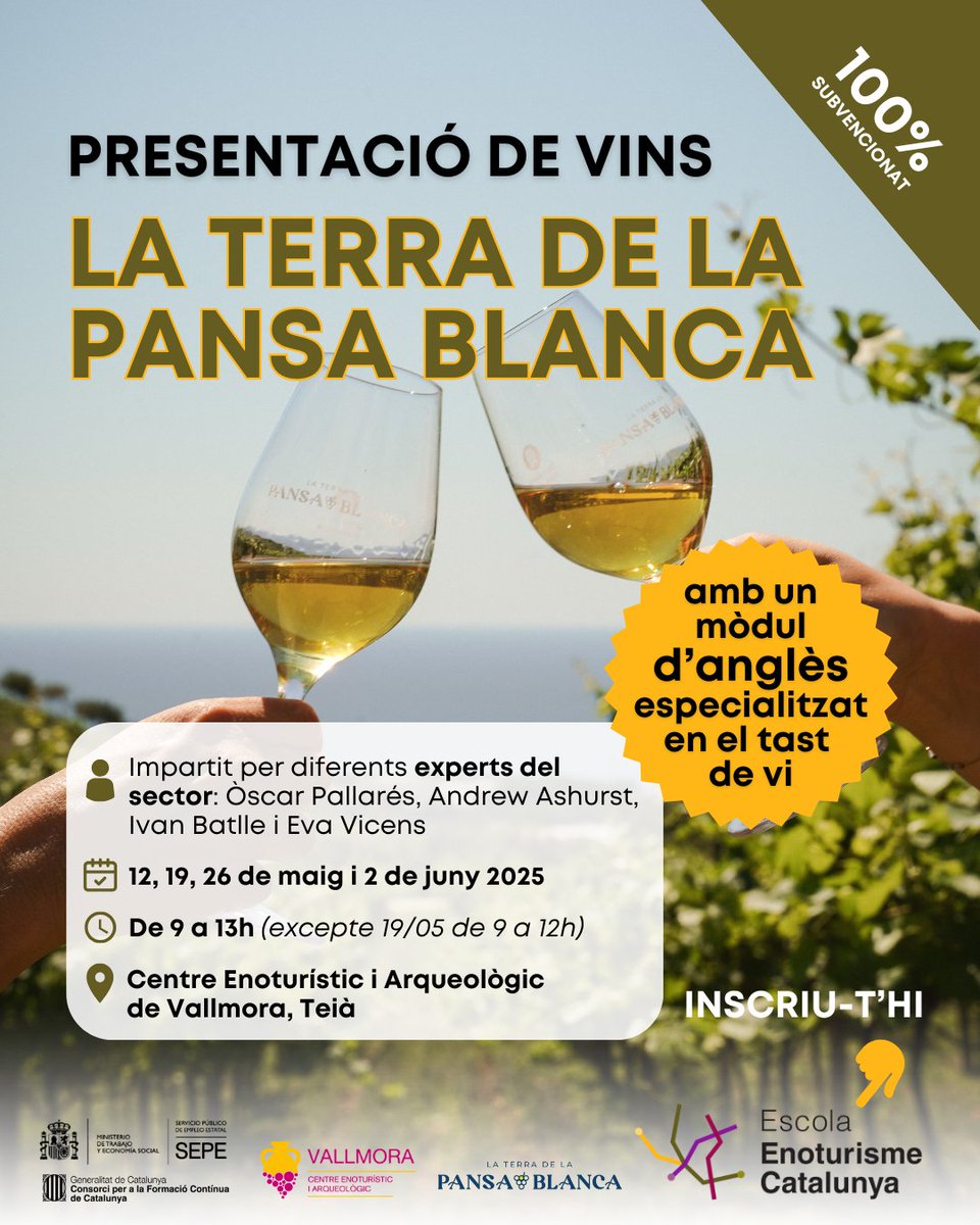 Escola Enoturisme Catalunya (@enoturismedu) on Twitter photo 💥 Nou curs 💥 Presentació de vins de la <a href="/terrapansablanc/">La Terra de la Pansa Blanca - Ruta Vi DO Alella</a> 🍇
💯% subvencionat
🗓️12, 19, 26 maig i 2 juny, de 9 a 13h (excepte 19/05 de 9 a 12h)
👤Impartit per Andrew Ashurst, Òscar Pallarés, Ivan Batlle i <a href="/EvaVicens/">Eva Vicens</a>
📍<a href="/VallmoraE/">Vallmora Enoturisme</a>
🔗+ info i inscripcions: escolaenoturisme.vilafranca.cat/presentacio-vi… 💥 Nou curs 💥 Presentació de vins de la <a href="/terrapansablanc/">La Terra de la Pansa Blanca - Ruta Vi DO Alella</a> 🍇
💯% subvencionat
🗓️12, 19, 26 maig i 2 juny, de 9 a 13h (excepte 19/05 de 9 a 12h)
👤Impartit per Andrew Ashurst, Òscar Pallarés, Ivan Batlle i <a href="/EvaVicens/">Eva Vicens</a>
📍<a href="/VallmoraE/">Vallmora Enoturisme</a>
🔗+ info i inscripcions: escolaenoturisme.vilafranca.cat/presentacio-vi…