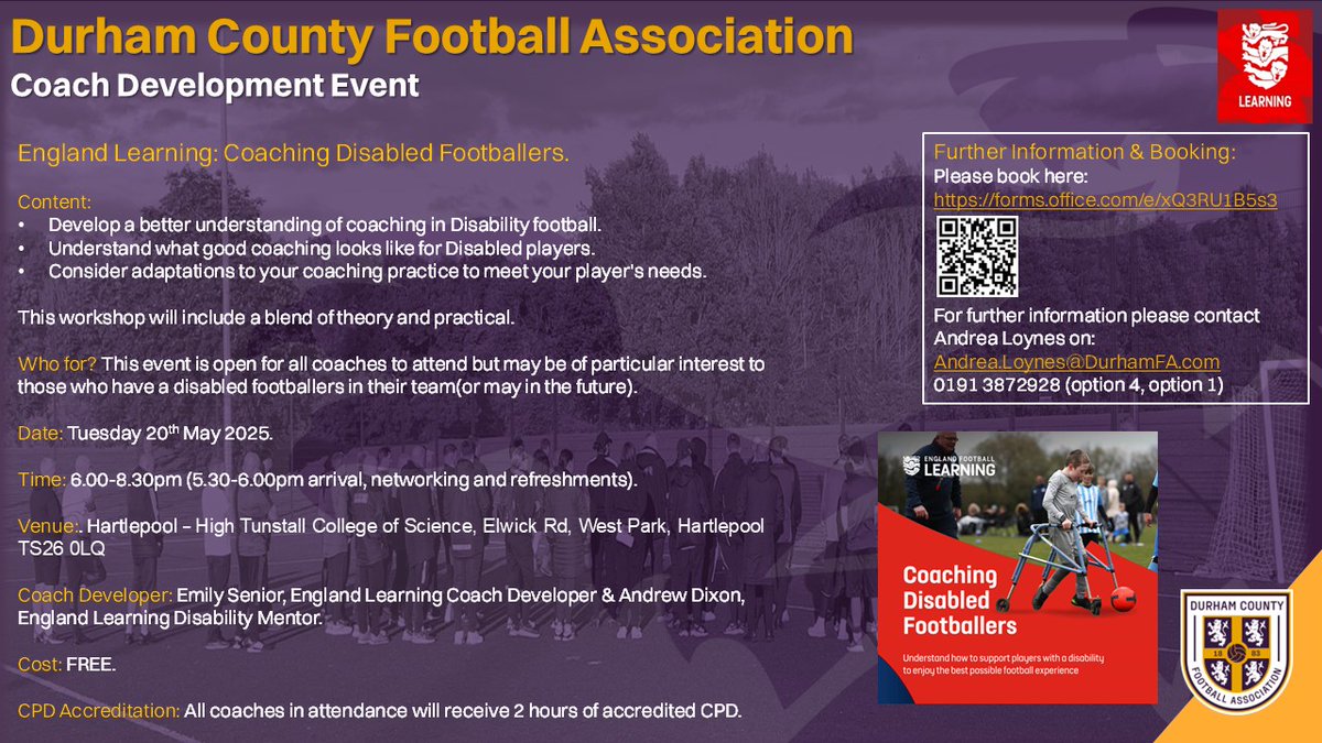 FREE - Coaching Disabled Footballers Course ⚽️

Tuesday 20th May 2025📅
Hartlepool - High Tunstall College of Science, TS26 0LQ📍
18:00-20:30⏰

Sign Up👇
🔗forms.office.com/e/xQ3RU1B5s3