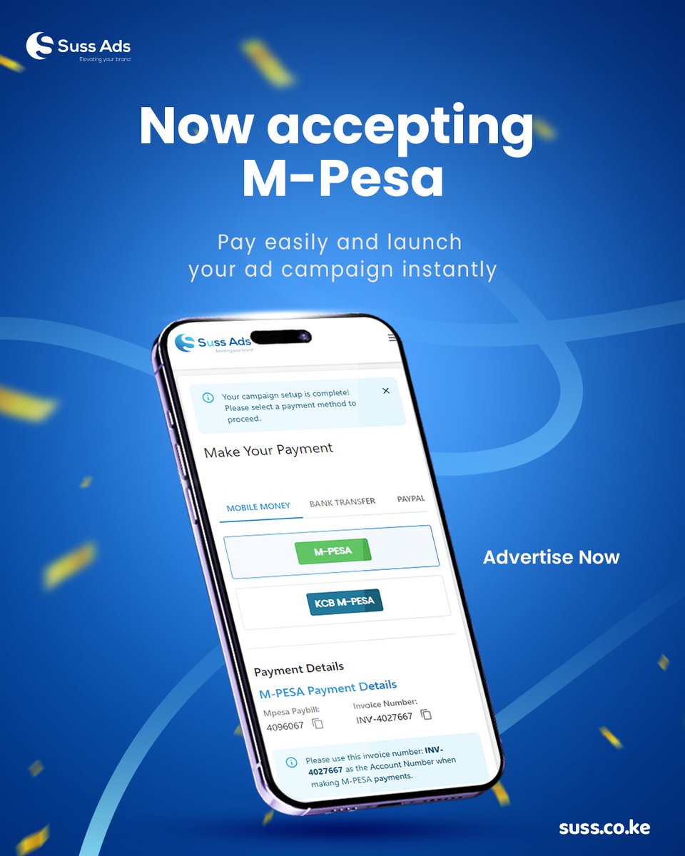 Now accepting M-Pesa!

Easy.
Fast.
Affordable.

Run and pay for Quick Ads in minutes: suss.co.ke/create-campaign

#SussAds
#SussQuickAds
#SMEs