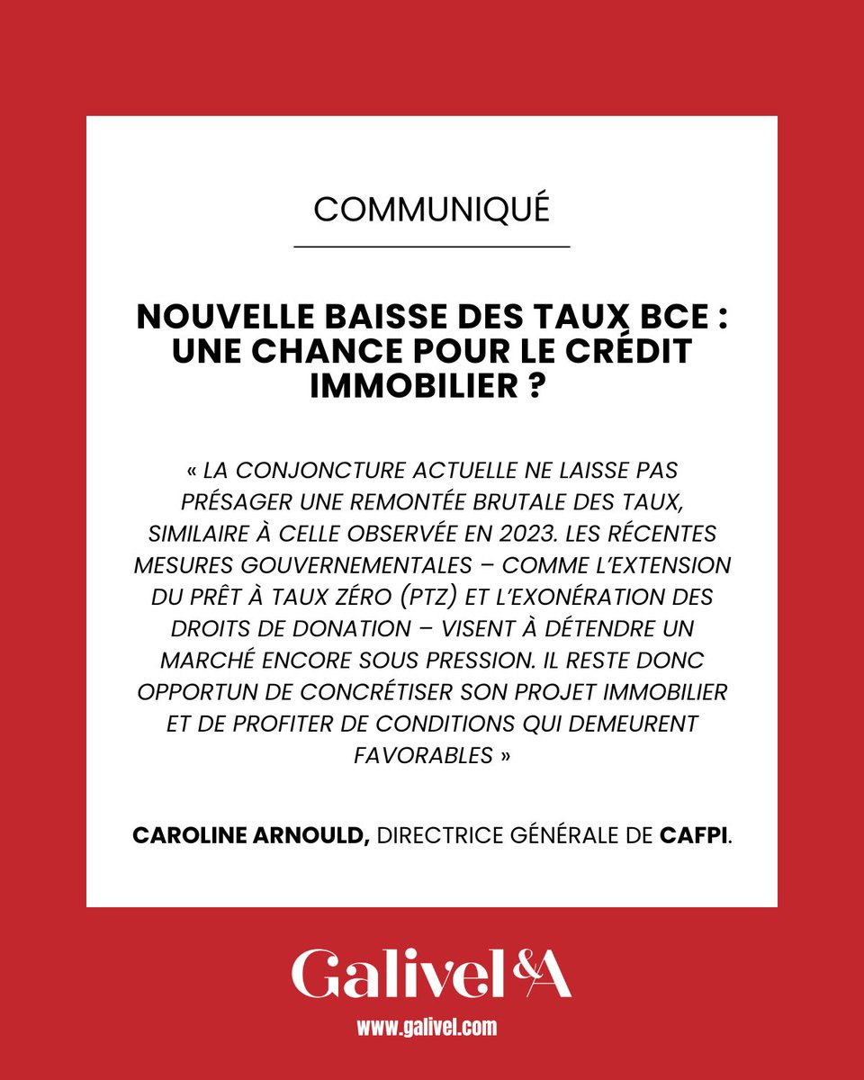 📝[#COMMUNIQUÉ] Nouvelle baisse des taux BCE : une chance pour le crédit immobilier ?

En pleine période d’instabilité économique mondiale, la Banque Centrale Européenne a annoncé jeudi une nouvelle baisse de ses principaux taux directeurs de 0,25%, ramenant le taux de dépôt des