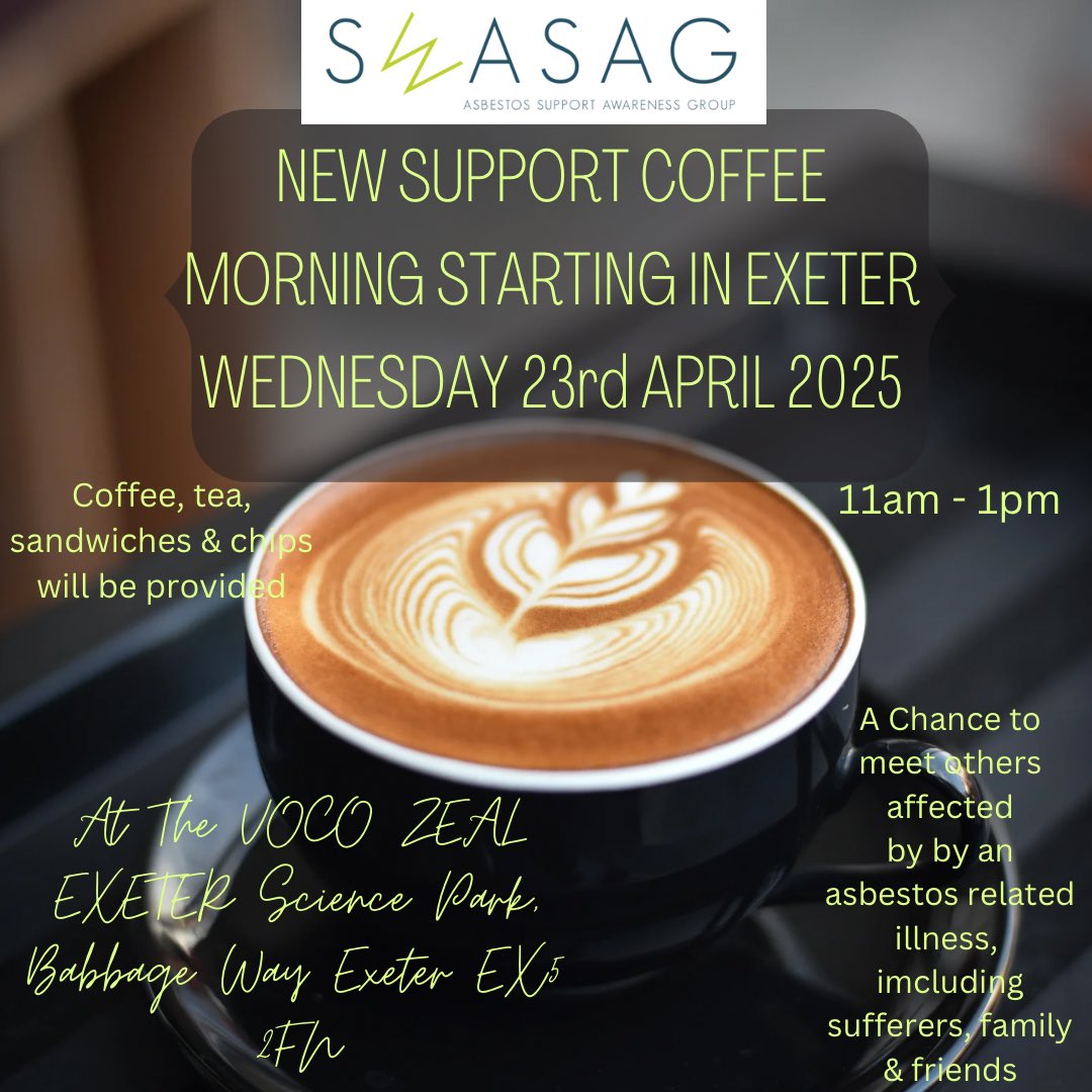 Swasag (@swasag1) on Twitter photo Excited for the launch of our Exeter Coffee Morningd tomorrow at The Voco Zeal Exeter 11am- 1pm Meso UK nurse
<a href="/patersc/">Christine Jones</a> will be with us. <a href="/Mesouk/">Mesothelioma UK</a> #charity #mesothelioma #support #asbestosdisease Excited for the launch of our Exeter Coffee Morningd tomorrow at The Voco Zeal Exeter 11am- 1pm Meso UK nurse
<a href="/patersc/">Christine Jones</a> will be with us. <a href="/Mesouk/">Mesothelioma UK</a> #charity #mesothelioma #support #asbestosdisease