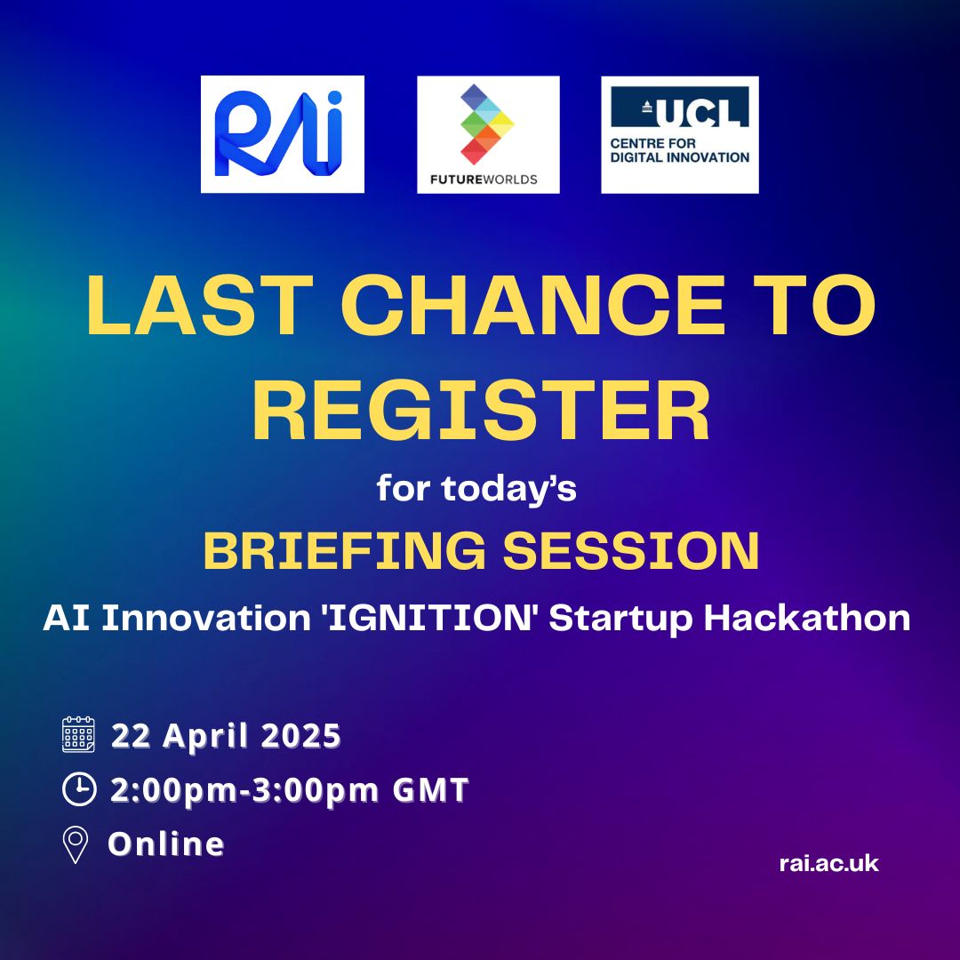 Responsible Ai UK (@responsibleaiuk) on Twitter photo 📢Don't miss this opportunity! The AI Innovation ‘IGNITION’ Start-up Hackathon Briefing Session, today's #webinar at 2:00 PM, is your gateway to translating your #AIresearch into the next big startup!
🔗 To register: events.teams.microsoft.com/event/39636d8a…
<a href="/FutureWorlds/">Future Worlds</a> <a href="/ucl/">UCL</a> <a href="/UCL_CDI/">UCL Centre for Digital Innovation</a> <a href="/gramchurn/">Gopal Ramchurn</a> 📢Don't miss this opportunity! The AI Innovation ‘IGNITION’ Start-up Hackathon Briefing Session, today's #webinar at 2:00 PM, is your gateway to translating your #AIresearch into the next big startup!
🔗 To register: events.teams.microsoft.com/event/39636d8a…
<a href="/FutureWorlds/">Future Worlds</a> <a href="/ucl/">UCL</a> <a href="/UCL_CDI/">UCL Centre for Digital Innovation</a> <a href="/gramchurn/">Gopal Ramchurn</a>